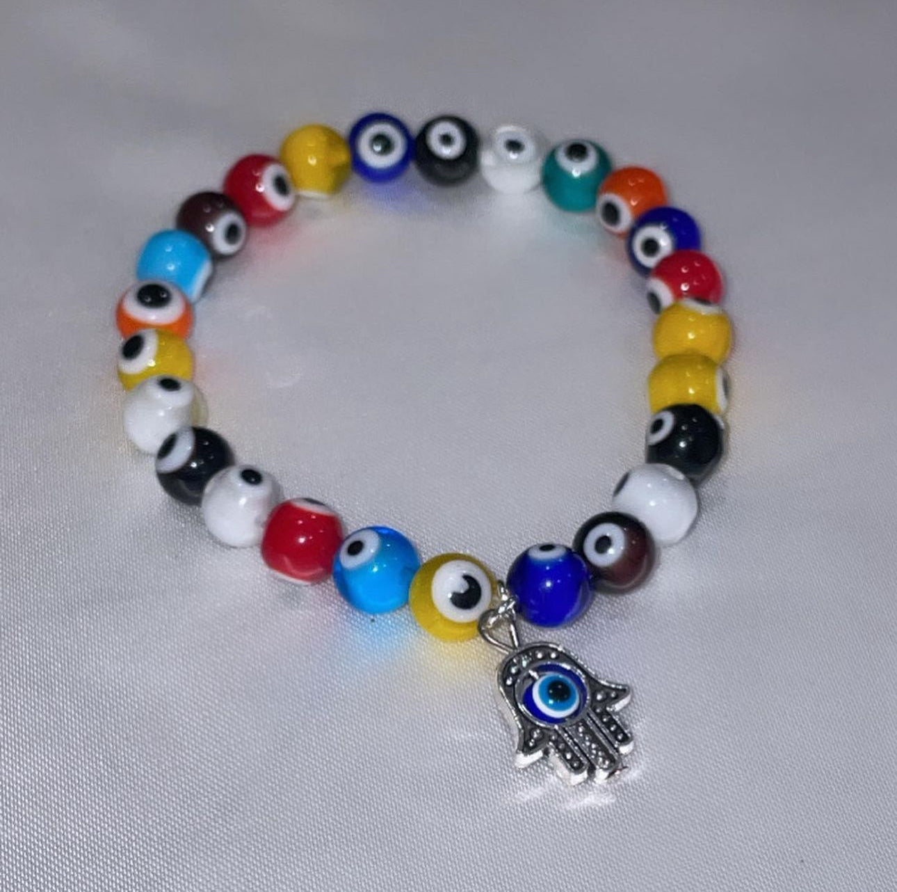 Multicolored Evil Eye Amulet with BLUE Hamsa Hand Charm