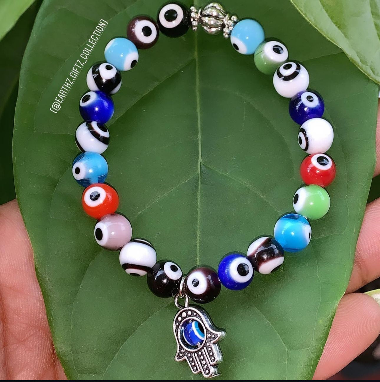 Multicolored Evil Eye Amulet with BLUE Hamsa Hand Charm