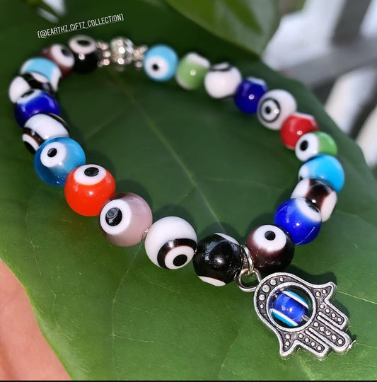 Multicolored Evil Eye Amulet with BLUE Hamsa Hand Charm