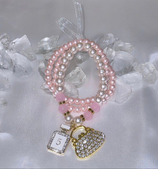 Glitz & Glamour - “Pearl” Glass Bead Bracelets with Ribbon (Purse Charm)