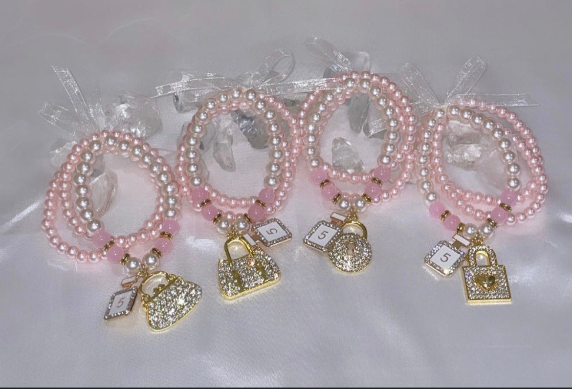 Glitz & Glamour - “Pearl” Glass Bead Bracelets with Ribbon (Purse Charm)