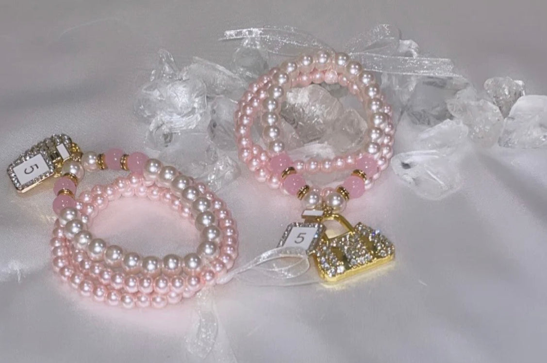 Glitz & Glamour - “Pearl” Glass Bead Bracelets with Ribbon (Handbag Charm)