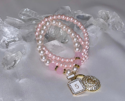 Glitz & Glamour - “Pearl” Glass Bead Bracelets with Ribbon (Lock Charm)